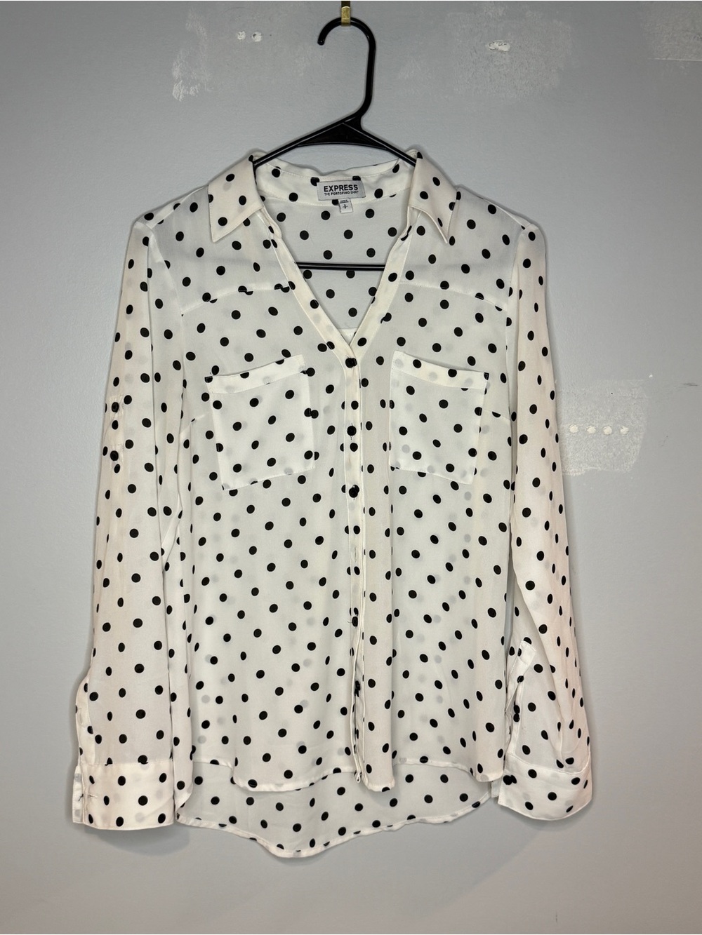 Express Women's White Polka Dot Button-Front Blouse size s, the portfolio shirt